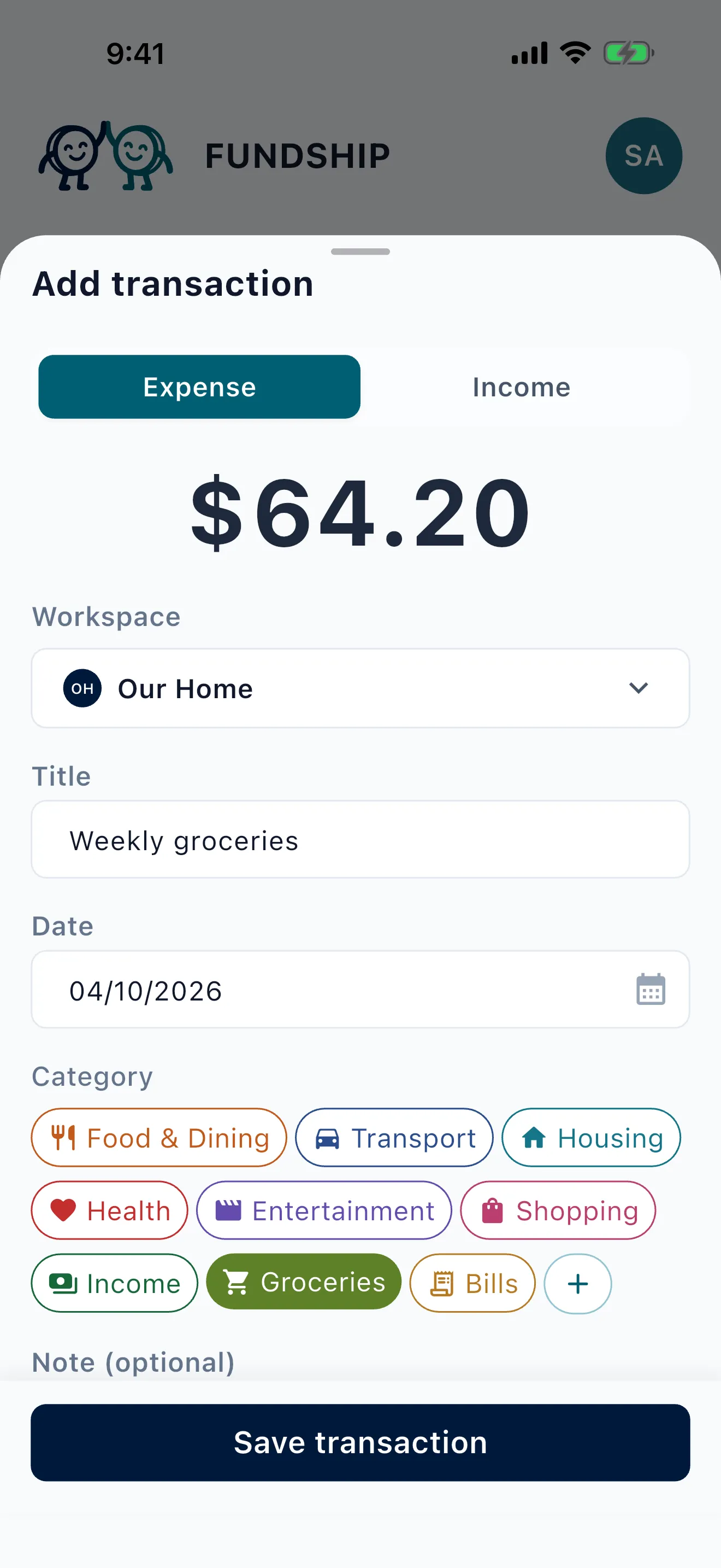 Adding a $64.20 expense called Weekly groceries to Our Home, in the Groceries category.