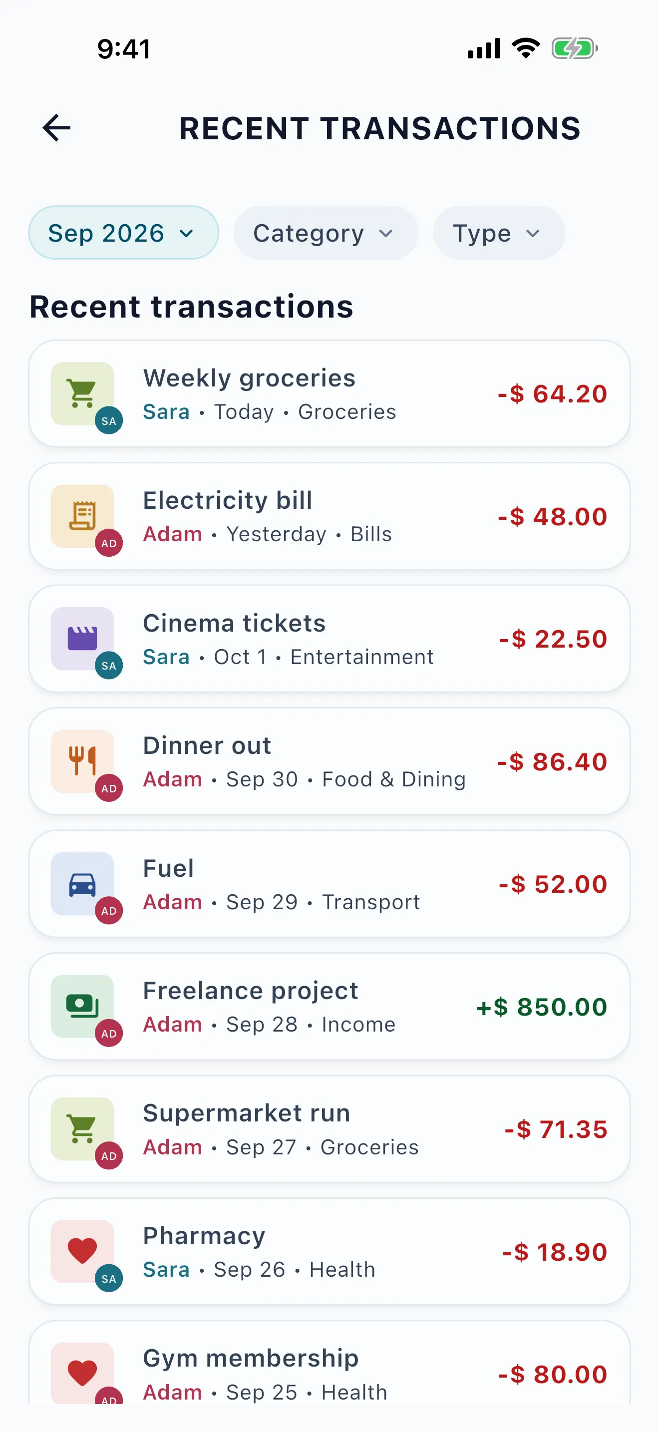 The transaction list for Our Home. Each expense shows whether Sara or Adam added it, when, and its category.
